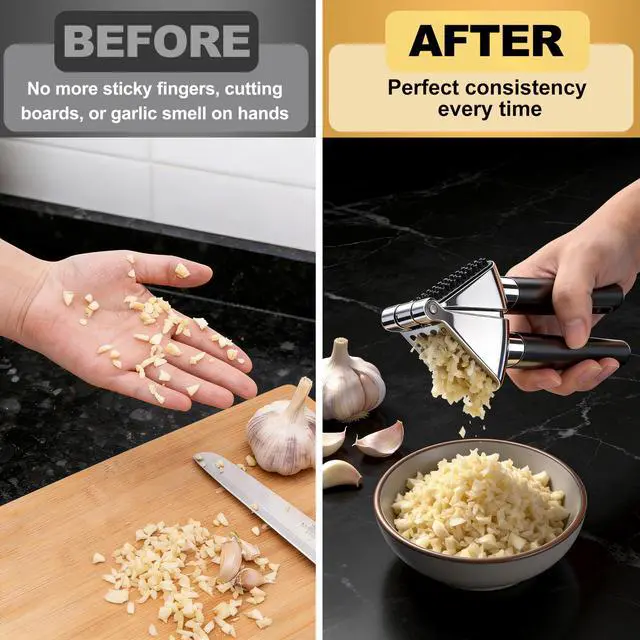 Alt view image 2 of 7 - Heavy Duty Garlic Press | Built-In Peel Cleaner | Large Chamber fits Multiple Cloves | Easy Squeeze Ergonomic handle | Food-Grade & Independently Tested | Rust Proof Die Cast Zinc Alloy