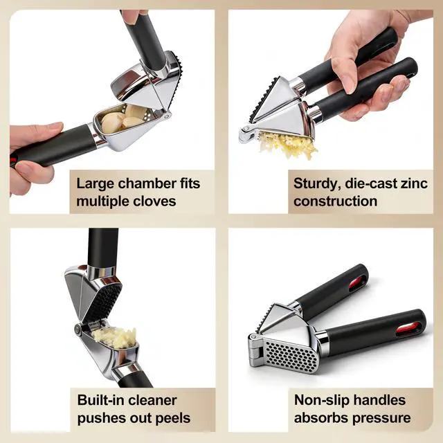 Alt view image 3 of 7 - Heavy Duty Garlic Press | Built-In Peel Cleaner | Large Chamber fits Multiple Cloves | Easy Squeeze Ergonomic handle | Food-Grade & Independently Tested | Rust Proof Die Cast Zinc Alloy