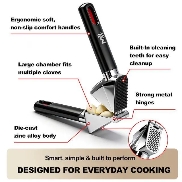 Alt view image 4 of 7 - Heavy Duty Garlic Press | Built-In Peel Cleaner | Large Chamber fits Multiple Cloves | Easy Squeeze Ergonomic handle | Food-Grade & Independently Tested | Rust Proof Die Cast Zinc Alloy