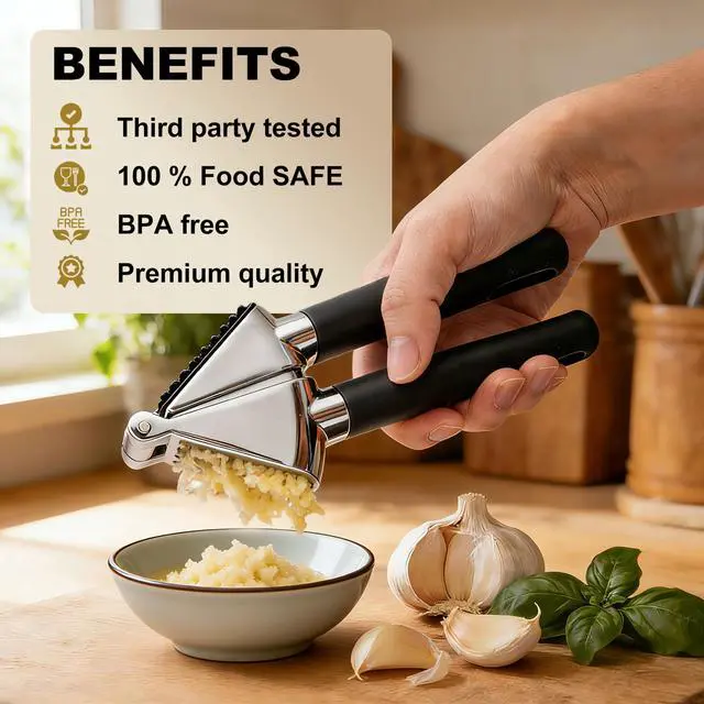 Alt view image 5 of 7 - Heavy Duty Garlic Press | Built-In Peel Cleaner | Large Chamber fits Multiple Cloves | Easy Squeeze Ergonomic handle | Food-Grade & Independently Tested | Rust Proof Die Cast Zinc Alloy
