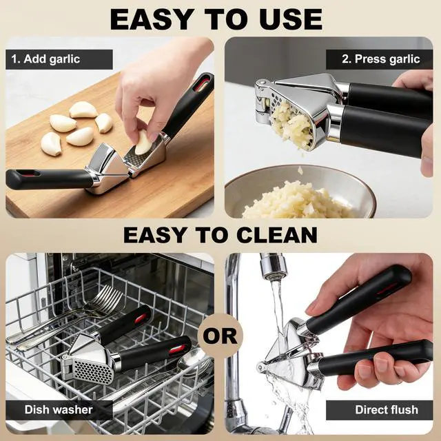 Alt view image 6 of 7 - Heavy Duty Garlic Press | Built-In Peel Cleaner | Large Chamber fits Multiple Cloves | Easy Squeeze Ergonomic handle | Food-Grade & Independently Tested | Rust Proof Die Cast Zinc Alloy