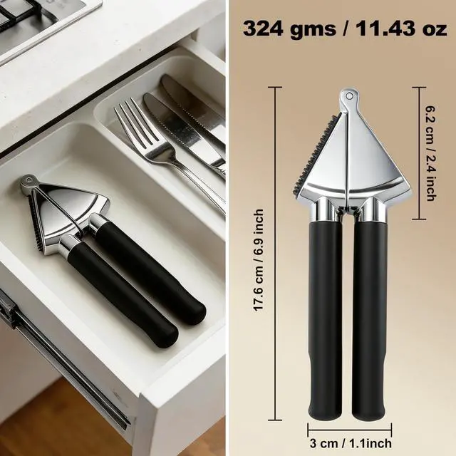 Alt view image 7 of 7 - Heavy Duty Garlic Press | Built-In Peel Cleaner | Large Chamber fits Multiple Cloves | Easy Squeeze Ergonomic handle | Food-Grade & Independently Tested | Rust Proof Die Cast Zinc Alloy
