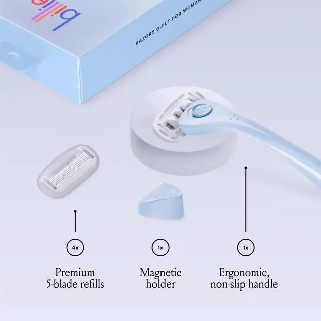 Alt view image 2 of 7 - Razors for Women, Cool Blue - 1 Handle, 4 Refills & Magnetic Holder | 5 blade womens razors for sensitive skin, Surrounded by aloe shave soap, Ergonomic handle, Pivoting head, Magnetic Holder