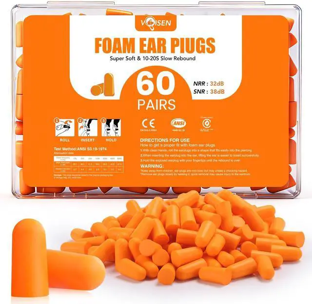 Main image of 60 Pairs Foam Ear Plugs, Ear Plugs for Sleeping Noise Cancelling | 32dB NRR, 38dB SNR Earplugs for Sleeping, Snoring, Studying, Loud Events, Traveling & Concerts, Orange