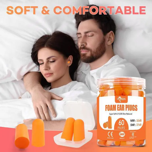 Alt view image 6 of 7 - 60 Pairs Foam Ear Plugs, Ear Plugs for Sleeping Noise Cancelling | 32dB NRR, 38dB SNR Earplugs for Sleeping, Snoring, Studying, Loud Events, Traveling & Concerts, Orange