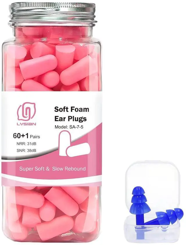Main image of Soft Foam Ear Plugs for Sleeping, 60 Pairs, 38dB SNR, Pink | Soft disposable noise reduction earplugs for snoring, travel, study & loud noise; for women
