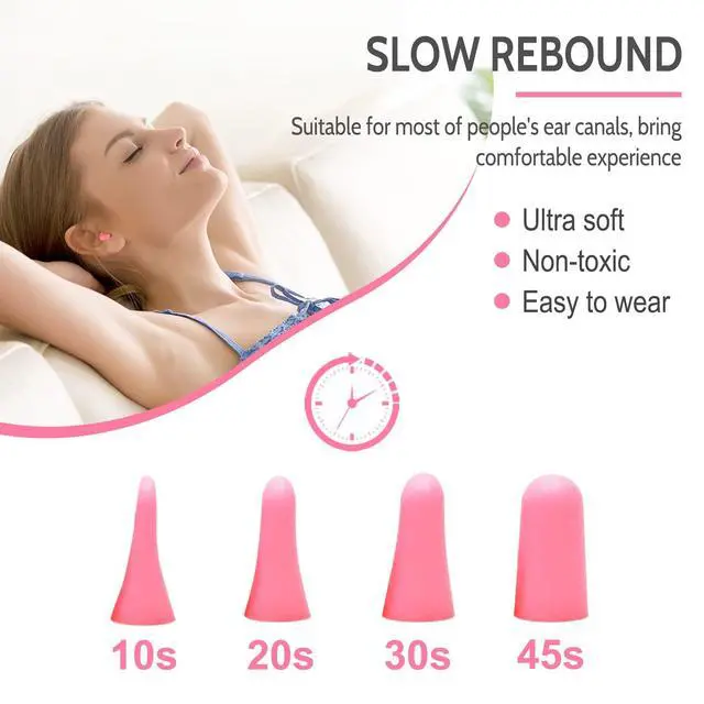 Alt view image 2 of 7 - Soft Foam Ear Plugs for Sleeping, 60 Pairs, 38dB SNR, Pink | Soft disposable noise reduction earplugs for snoring, travel, study & loud noise; for women
