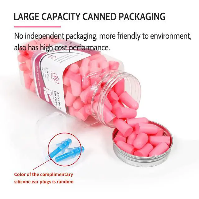 Alt view image 4 of 7 - Soft Foam Ear Plugs for Sleeping, 60 Pairs, 38dB SNR, Pink | Soft disposable noise reduction earplugs for snoring, travel, study & loud noise; for women