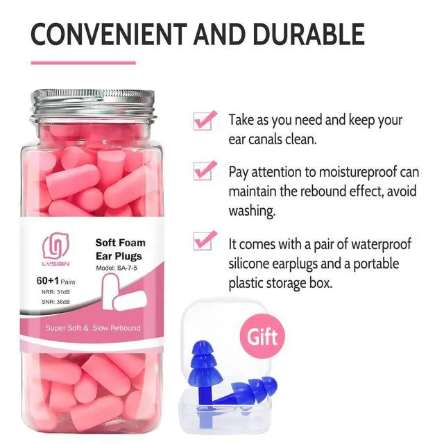 Alt view image 6 of 7 - Soft Foam Ear Plugs for Sleeping, 60 Pairs, 38dB SNR, Pink | Soft disposable noise reduction earplugs for snoring, travel, study & loud noise; for women