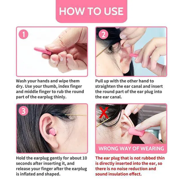 Alt view image 5 of 7 - Soft Foam Ear Plugs for Sleeping, 60 Pairs, 38dB SNR, Pink | Soft disposable noise reduction earplugs for snoring, travel, study & loud noise; for women
