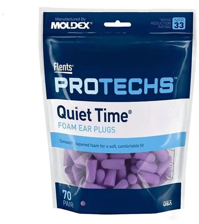 Main image of Protechs Quiet Time Foam Ear Plugs, NRR 33, 70 Pair, Purple | Soft Foam & Comfortable Hearing Protection for Work, Construction, Heavy Machinery, Studying, Travel & Sleep