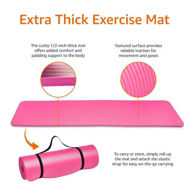 Alt view image 4 of 6 - 1/2 Inch Extra Thick Exercise Yoga Mat with Carrying Strap for Home Workouts and Fitness, 74" x 24" x 0.5", Pink