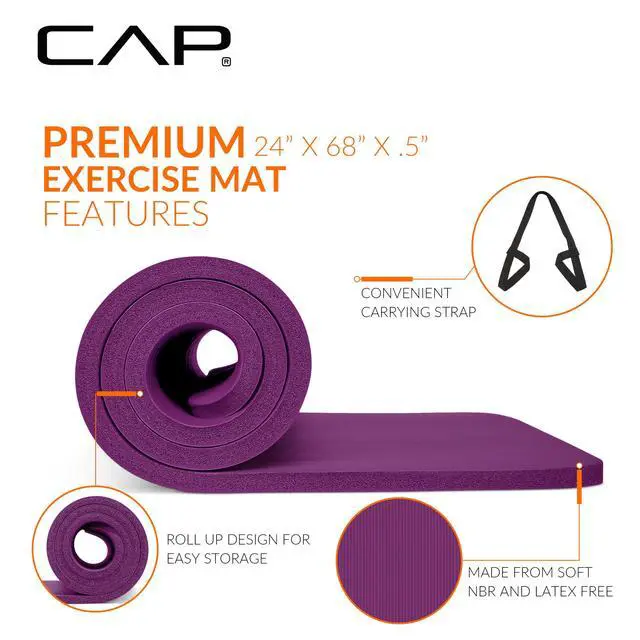 Alt view image 3 of 7 - 1/2" Thick Yoga Mat, Exercise & Workout Mat with Strap, Wine | Latex-free NBR foam cushions knees and joints for Pilates, stretching, core training, floor exercises and home fitness.