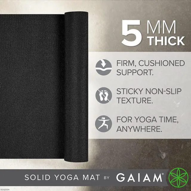 Alt view image 2 of 5 - Premium Yoga Mat, 5mm Non-Slip Exercise Mat (Black) | Solid Color Non-Slip | 5mm PVC Cushion | Easy-Cinch Carrying Strap | Yoga, Pilates & Floor Workouts | 68"x24"