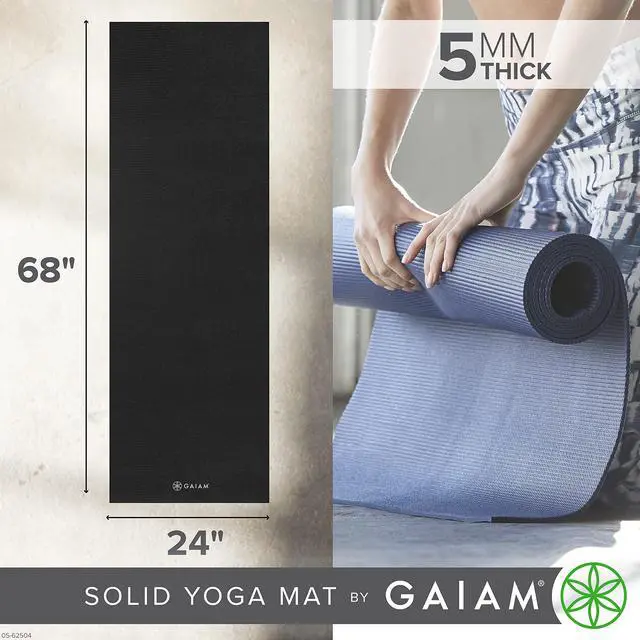 Alt view image 3 of 5 - Premium Yoga Mat, 5mm Non-Slip Exercise Mat (Black) | Solid Color Non-Slip | 5mm PVC Cushion | Easy-Cinch Carrying Strap | Yoga, Pilates & Floor Workouts | 68"x24"