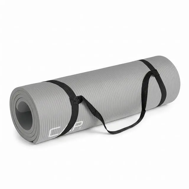 Main image of Barbell High Density Exercise Mat with strap, 68"x24" 12mm - Gray | Latex-free NBR foam cushions knees and joints for Pilates, stretching, core training, floor exercises and home fitness.