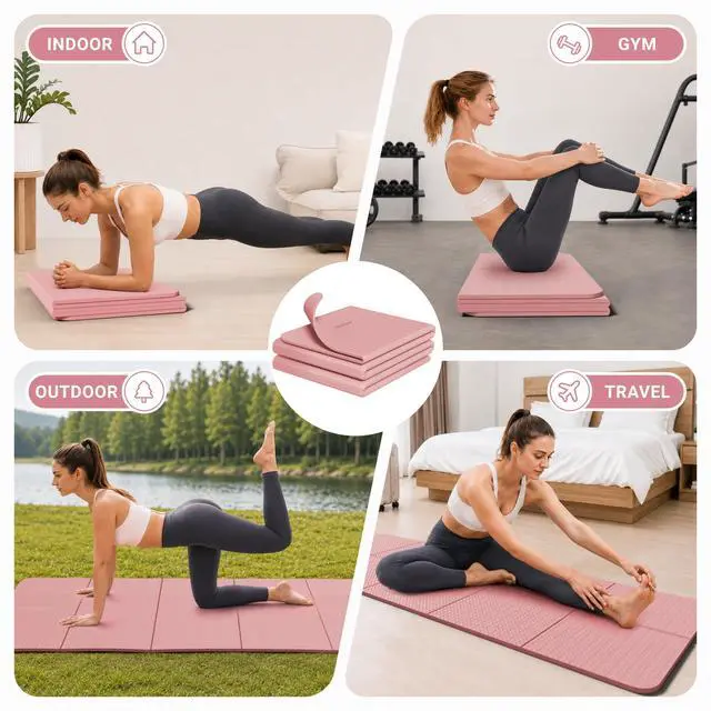 Alt view image 4 of 7 - Foldable Yoga Mat for Travel Folding Yoga Mat 6mm Thick with Carrying Bag, Non-Slip TPE Exercise Pilates Mat for 72" L x 24" W x 0.24 Inch (Pink)