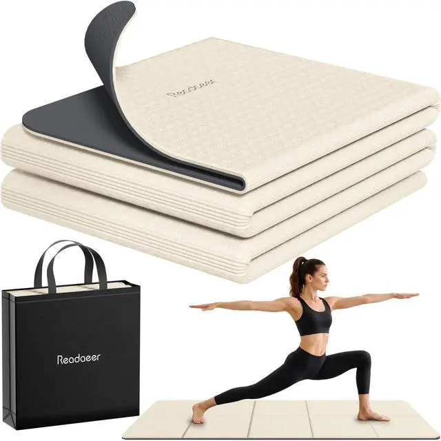 Main image of Foldable Yoga Mat for Travel Folding Yoga Mat 6mm Thick with Carrying Bag, Non-Slip TPE Exercise Pilates Mat for 72" L x 24" W x 0.24 Inch (Beige)