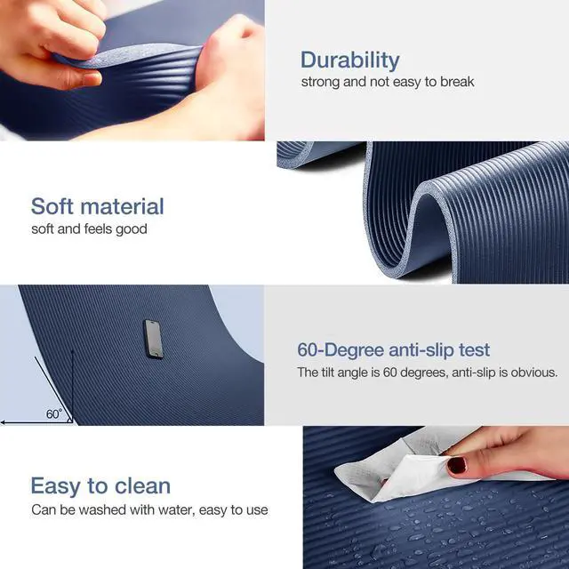 Alt view image 3 of 7 - Thick Yoga Mat Non Slip, Large Size 72" L x 32" W x 0.6" TH, Premium Exercise & Fitness Mat with Carrying Strap and Bag, Workout Mats for Home (Navy Blue, 72 * 24 * 0.4 Inches)