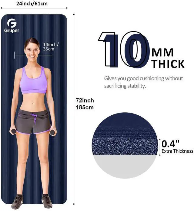 Alt view image 2 of 7 - Thick Yoga Mat Non Slip, Large Size 72" L x 32" W x 0.6" TH, Premium Exercise & Fitness Mat with Carrying Strap and Bag, Workout Mats for Home (Navy Blue, 72 * 24 * 0.4 Inches)