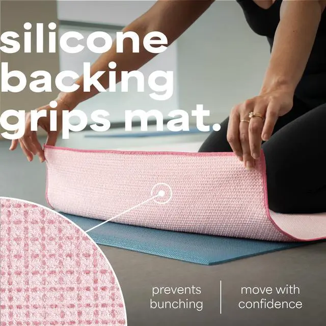 Alt view image 2 of 6 - Aura Microfiber Yoga Mat Towel with Grip, 24" x 72", Pink | Silicone Grip Backing, Soft and Absorbent, Quick-Dry for Gym, Pilates, and Hot Yoga, Compact for Gym Bag, Machine Washable