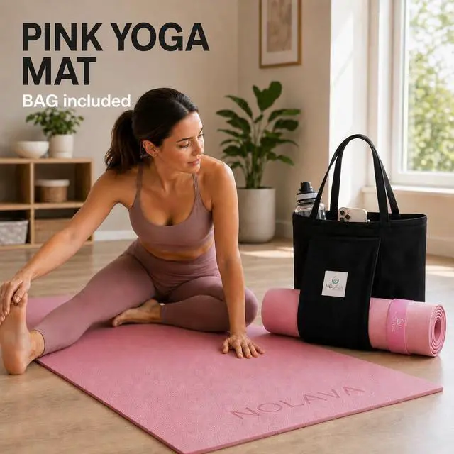 Alt view image 2 of 7 - Pink Yoga Mat with Carry Bag, Non-Slip 1/4-Inch Exercise Mat | 72 x 24 in yoga mat with black carry tote and slap band for yoga, pilates, stretching, and home workouts
