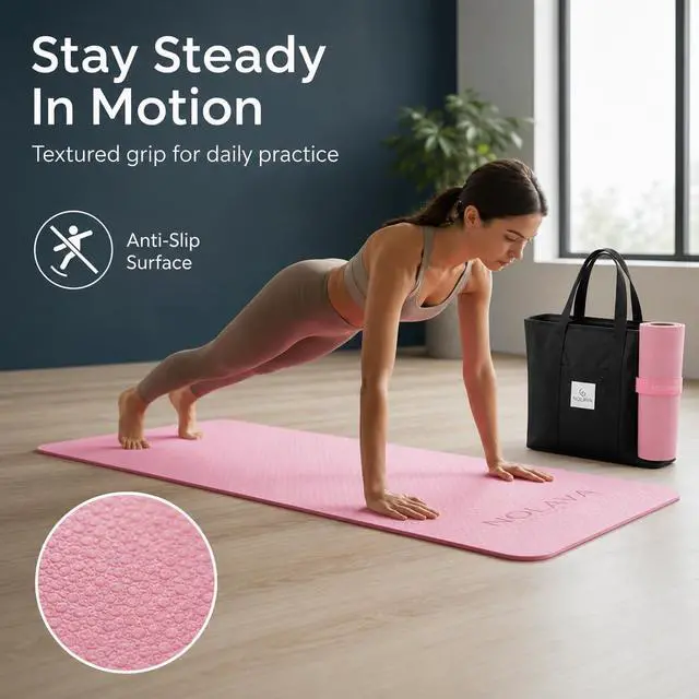 Alt view image 3 of 7 - Pink Yoga Mat with Carry Bag, Non-Slip 1/4-Inch Exercise Mat | 72 x 24 in yoga mat with black carry tote and slap band for yoga, pilates, stretching, and home workouts