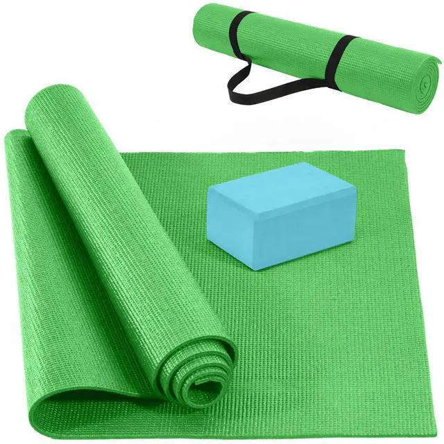 Main image of All Purpose 1/4-Inch High Density Anti-Tear Exercise Yoga Mat with Carrying Strap and Yoga Blocks, Green