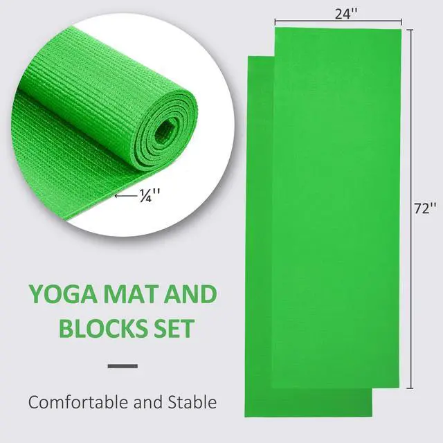 Alt view image 2 of 7 - All Purpose 1/4-Inch High Density Anti-Tear Exercise Yoga Mat with Carrying Strap and Yoga Blocks, Green