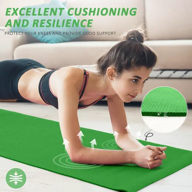 Alt view image 3 of 7 - All Purpose 1/4-Inch High Density Anti-Tear Exercise Yoga Mat with Carrying Strap and Yoga Blocks, Green
