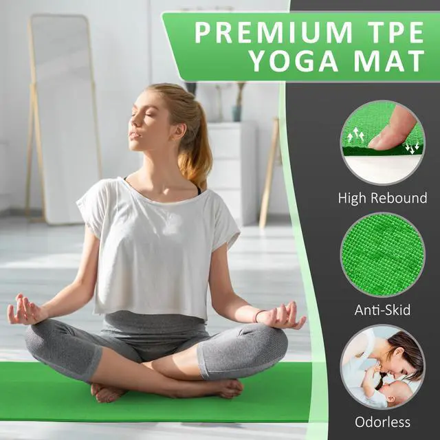 Alt view image 4 of 7 - All Purpose 1/4-Inch High Density Anti-Tear Exercise Yoga Mat with Carrying Strap and Yoga Blocks, Green