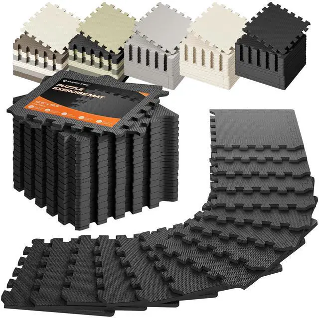 Main image of Gym Floor Mats, EVA Foam Puzzle Exercise Mats, Foam Floor Tiles | Cushioned Interlocking Workout Mat, Gym Flooring for Home Gym, Playroom, Garage, 18 PCS, 12.6"x12.6"x0.4", Black