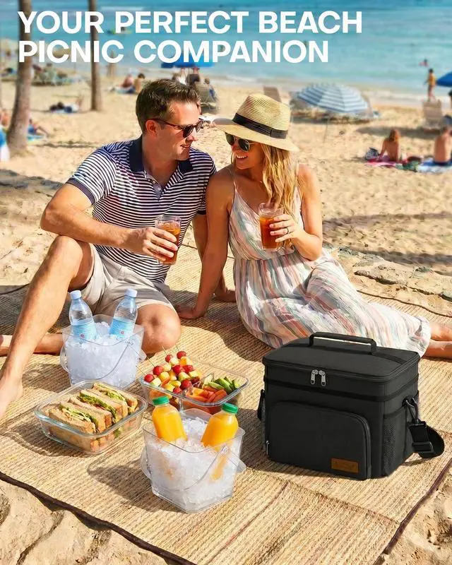 Alt view image 2 of 7 - Insulated Lunch Box Men Women Leak-Proof Cooler Lunch Bag 9L | 4 Pockets, Adjustable Strap, Ideal for Work, Picnic, Travel, Camping, Gift, Black
