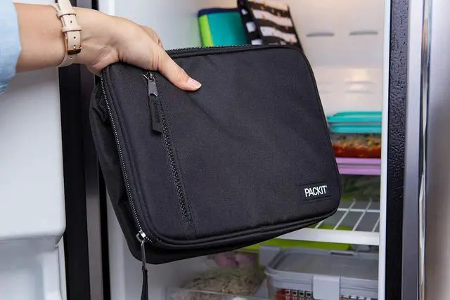 Alt view image 4 of 7 - Freezable Classic Lunch Box, Black | Built-in ice packs, EcoFreeze+ Technology, Zip Closure, Zip front pocket, Side-release buckle handle, Collapsible, Reusable