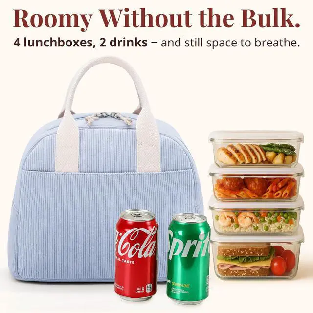 Alt view image 3 of 7 - Lunch Box for Women,Insulated Lunch Bag Cute Lunch Tote Blue | Cute Light Blue Corduroy Insulated Lunch Bag for Women, Stylish Lunch Tote with Large Capacity for Work,Picnic and Travel