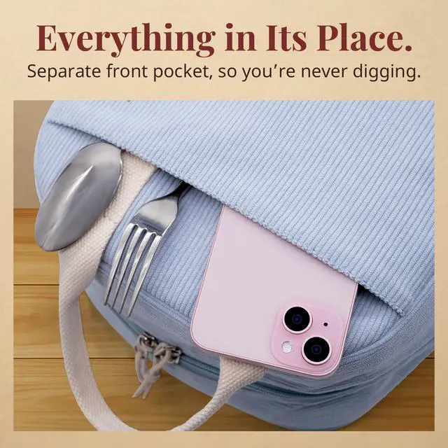 Alt view image 5 of 7 - Lunch Box for Women,Insulated Lunch Bag Cute Lunch Tote Blue | Cute Light Blue Corduroy Insulated Lunch Bag for Women, Stylish Lunch Tote with Large Capacity for Work,Picnic and Travel