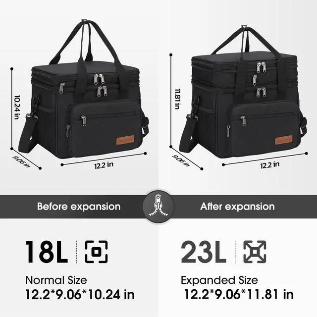 Alt view image 2 of 7 - 23L Insulated Lunch Box, Expandable Double Deck Cooler Bag | 16h Thermal Retention, Lightweight, Upright Structure, Tissue Pocket. Perfect For Men, Women, Office, Supermarket, Commuters