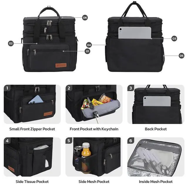 Alt view image 3 of 7 - 23L Insulated Lunch Box, Expandable Double Deck Cooler Bag | 16h Thermal Retention, Lightweight, Upright Structure, Tissue Pocket. Perfect For Men, Women, Office, Supermarket, Commuters