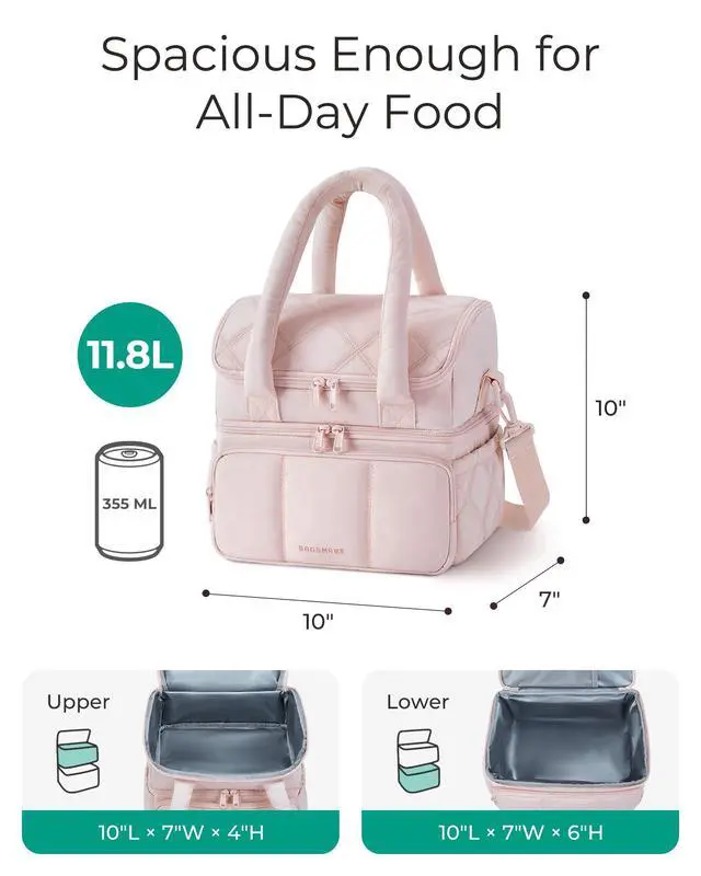 Alt view image 4 of 7 - Lunch Bag Women, Double Deck Insulated Lunch Box, Camel | Puffer Lunch Tote, Leakproof, Durable & Reusable Large Lunch Cooler For Work Picnic Travel Meal Prep