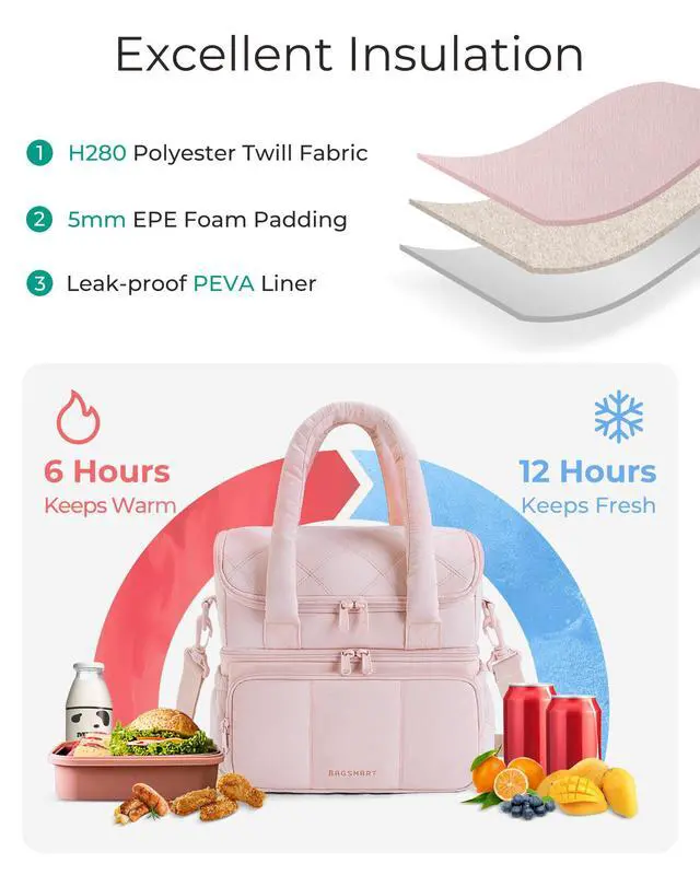 Alt view image 2 of 7 - Lunch Bag Women, Double Deck Insulated Lunch Box, Camel | Puffer Lunch Tote, Leakproof, Durable & Reusable Large Lunch Cooler For Work Picnic Travel Meal Prep