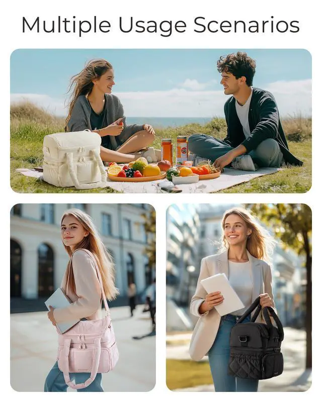 Alt view image 5 of 7 - Lunch Bag Women, Double Deck Insulated Lunch Box, Camel | Puffer Lunch Tote, Leakproof, Durable & Reusable Large Lunch Cooler For Work Picnic Travel Meal Prep