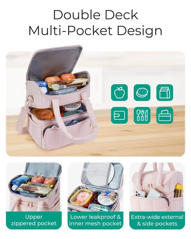 Alt view image 7 of 7 - Lunch Bag Women, Double Deck Insulated Lunch Box, Camel | Puffer Lunch Tote, Leakproof, Durable & Reusable Large Lunch Cooler For Work Picnic Travel Meal Prep