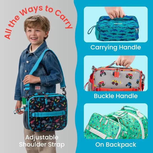 Alt view image 5 of 7 - Kids Prints Double-Insulated Reusable Lunch Bag | For Kids 3+, Adjustable Strap; Holds Lunch Box/Water Bottle/Snacks; Easy-Clean, Water-Resistant, Pockets (Dinosaur)