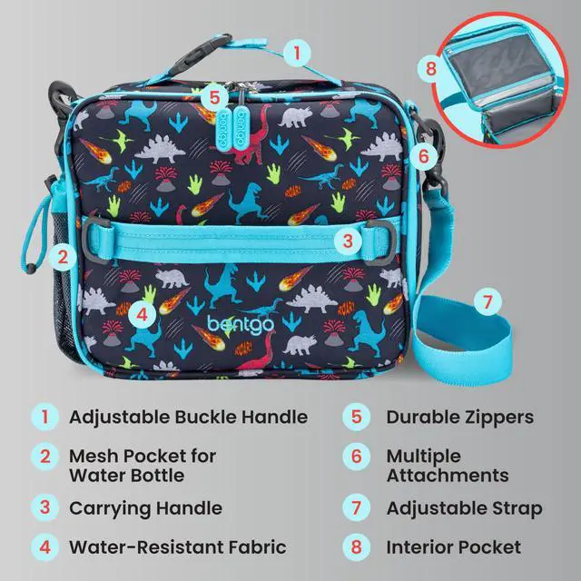 Alt view image 6 of 7 - Kids Prints Double-Insulated Reusable Lunch Bag | For Kids 3+, Adjustable Strap; Holds Lunch Box/Water Bottle/Snacks; Easy-Clean, Water-Resistant, Pockets (Dinosaur)