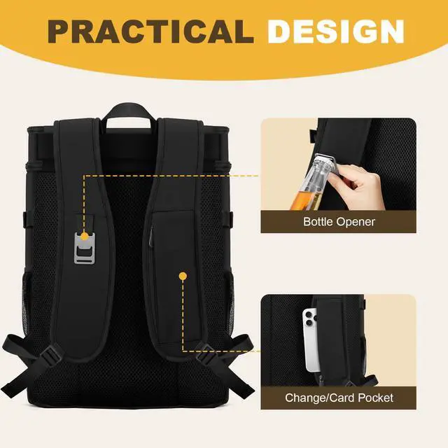 Alt view image 6 of 7 - Cooler Backpack for Men Women, 2 Leak Proof Compartments, 40 Cans | Insulated Backpack Cooler Bag with Wine Straps, Bottle Opener for Beach Travel Picnic Lunch Hiking BBQ Camping