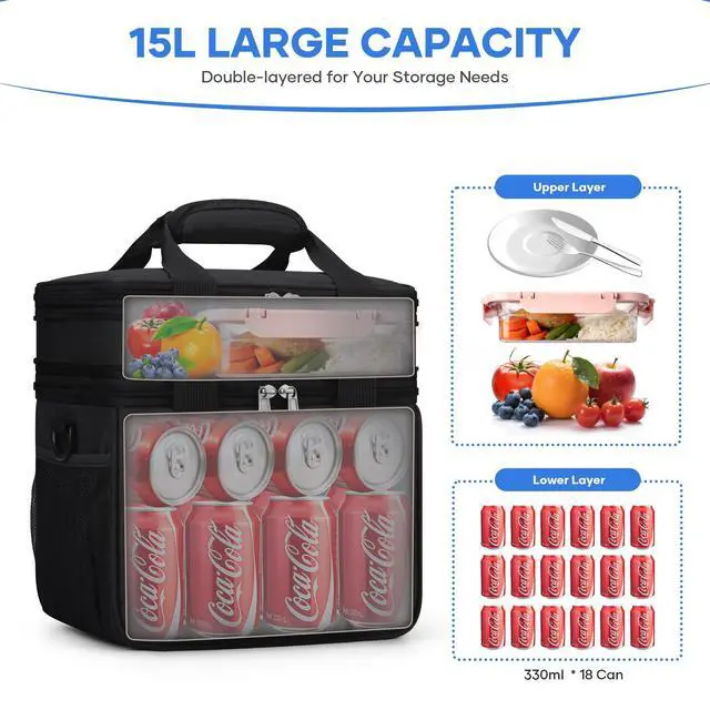 Alt view image 3 of 7 - Insulated Lunch Bag, Portable Double Deck Lunch Box for Men Women | Expandable, Leakproof, Lightweight, 7H Cold, Adjustable Strap, Multiple Pockets, Perfect Soft Cooler for Work,Travel,Camping
