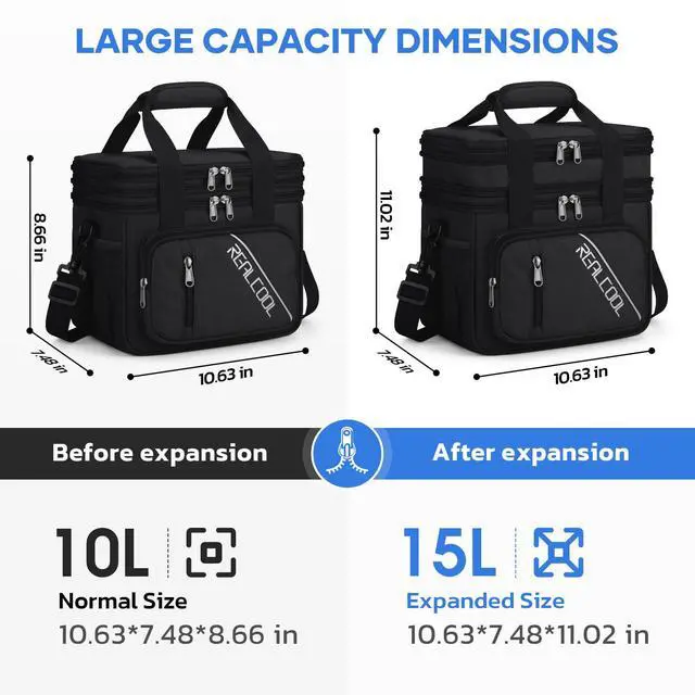 Alt view image 4 of 7 - Insulated Lunch Bag, Portable Double Deck Lunch Box for Men Women | Expandable, Leakproof, Lightweight, 7H Cold, Adjustable Strap, Multiple Pockets, Perfect Soft Cooler for Work,Travel,Camping
