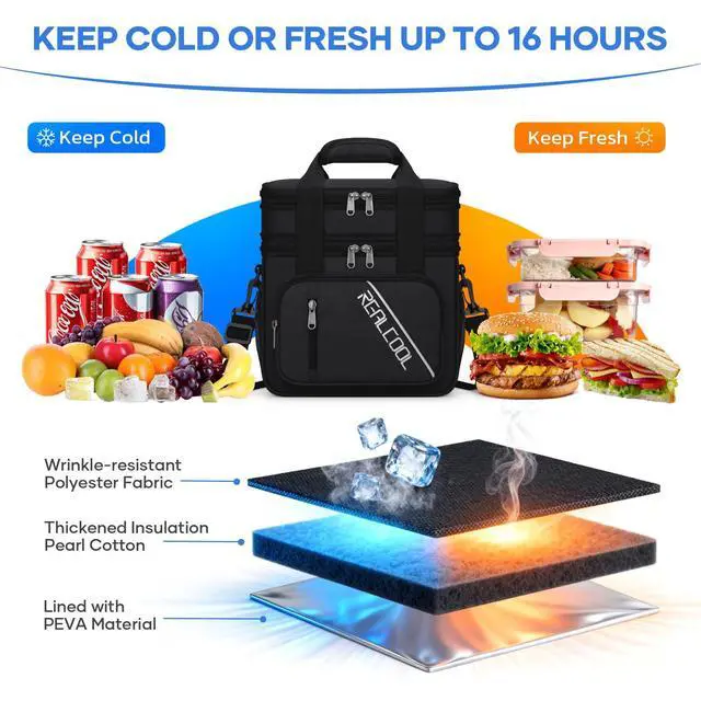 Alt view image 5 of 7 - Insulated Lunch Bag, Portable Double Deck Lunch Box for Men Women | Expandable, Leakproof, Lightweight, 7H Cold, Adjustable Strap, Multiple Pockets, Perfect Soft Cooler for Work,Travel,Camping