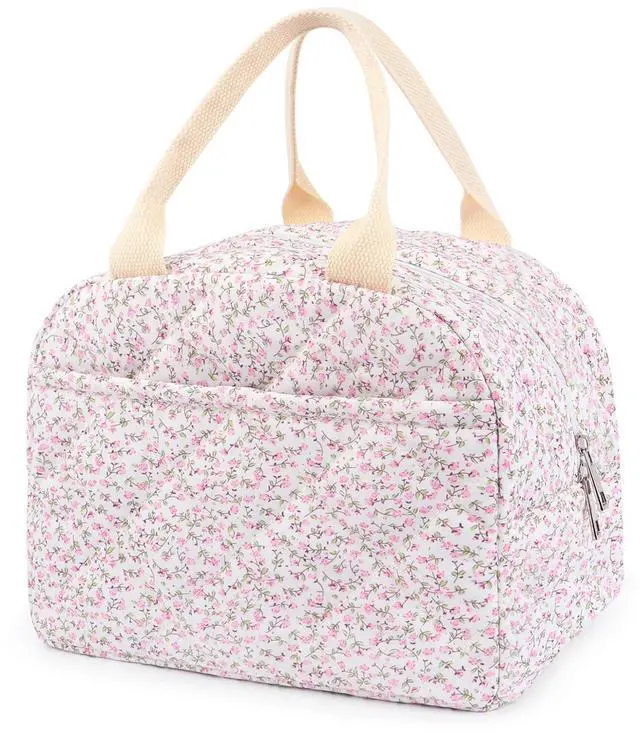 Main image of Cotton Quilted Insulated Lunch Bag, Reusable Quilted Floral Lunch Tote Bags | Cute Insulated Lunch Box Coquette Aesthetic Large Capacity Insulated Cooler for Women Work Travel (Pink)