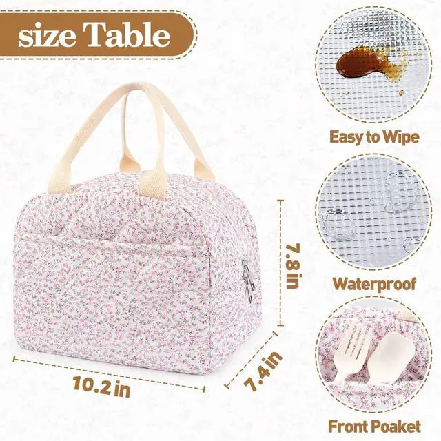 Alt view image 4 of 7 - Cotton Quilted Insulated Lunch Bag, Reusable Quilted Floral Lunch Tote Bags | Cute Insulated Lunch Box Coquette Aesthetic Large Capacity Insulated Cooler for Women Work Travel (Pink)
